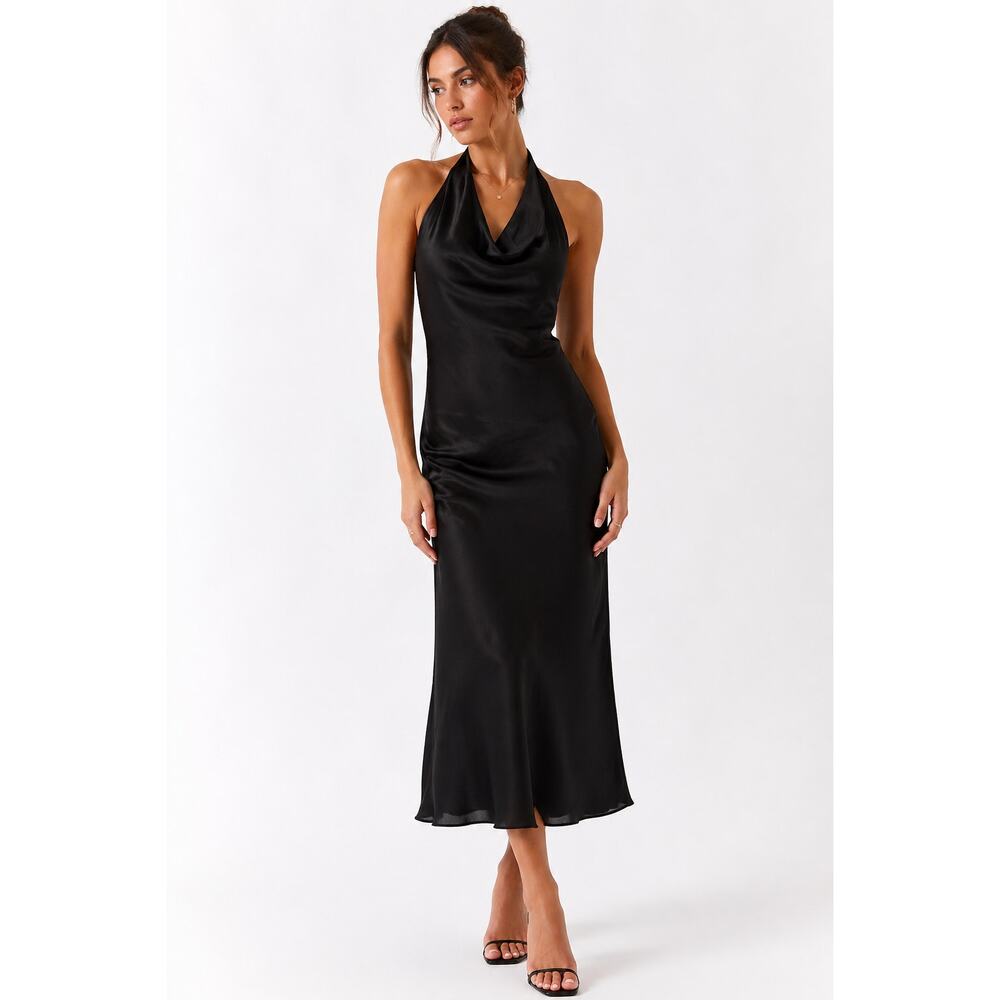 Beige Botany Black Satin Slip Dress Cowl Neck Sleeveless Midi Minimalist Small